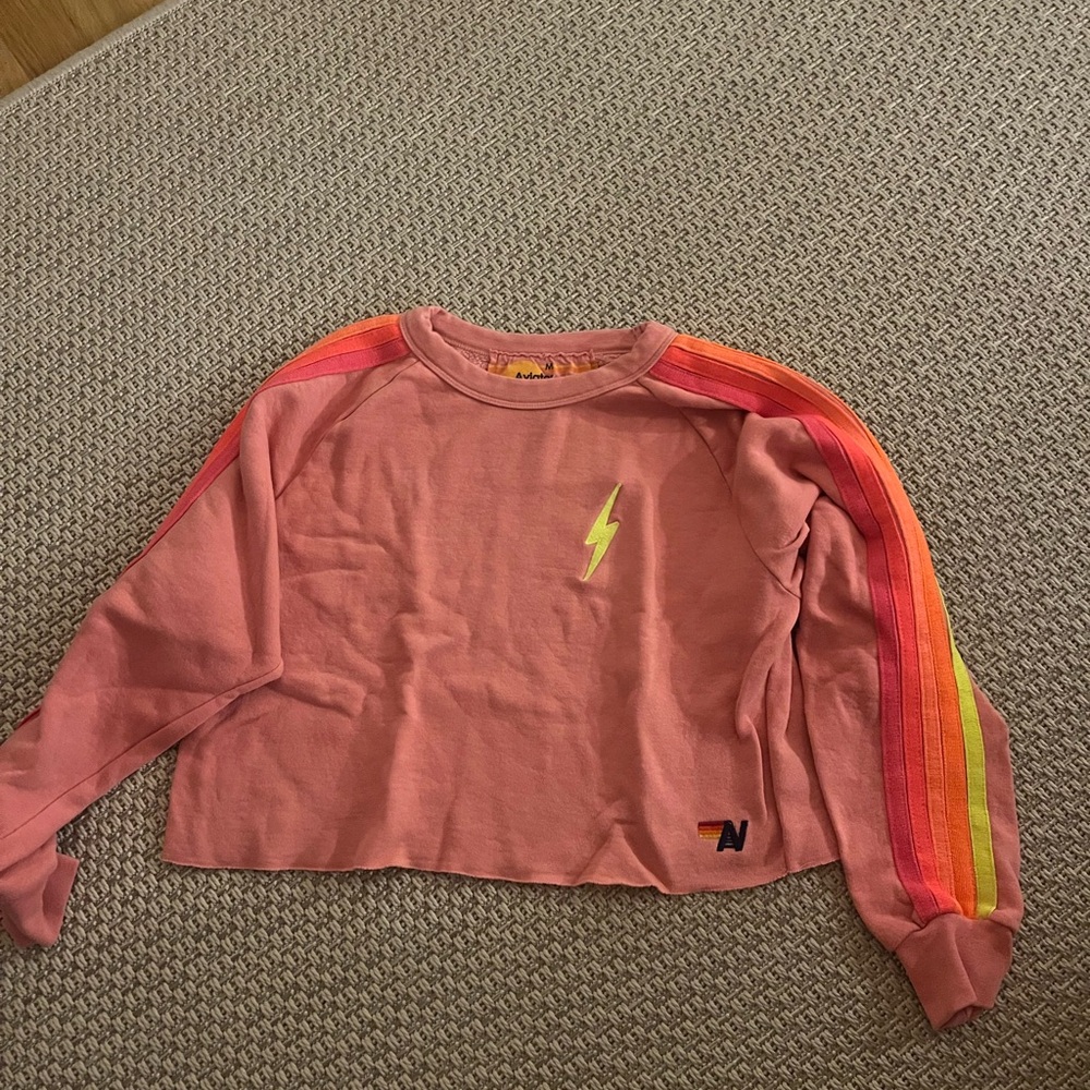 Aviator nation pink crop Crewneck, neon lightning bolt and stripes embroidery, M